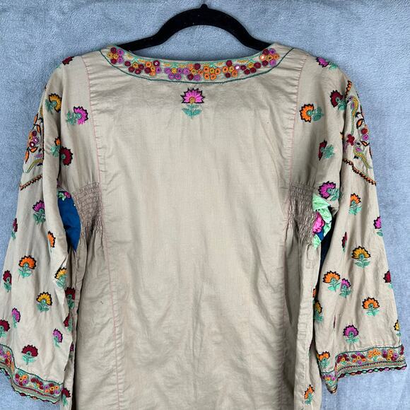 Generation Cottage Tunic Top Womens 8 Tan Embroidered Floral Smocked Modest Boho - Picture 8 of 16